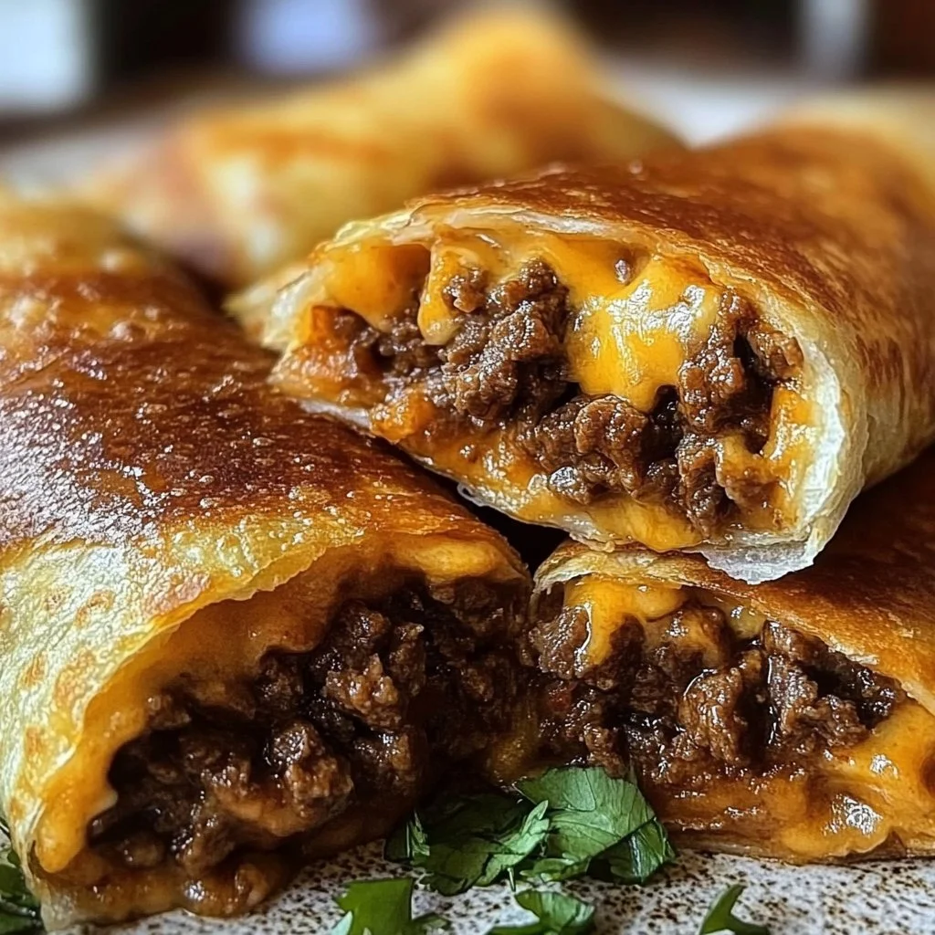 Delicious beef and cheese chimichangas served with salsa and toppings.