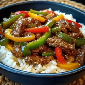 Beef Pepper Rice Bowl with tender beef, rice, and colorful peppers