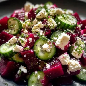 Delicious Beet Feta Cucumber Salad topped with fresh herbs and feta cheese