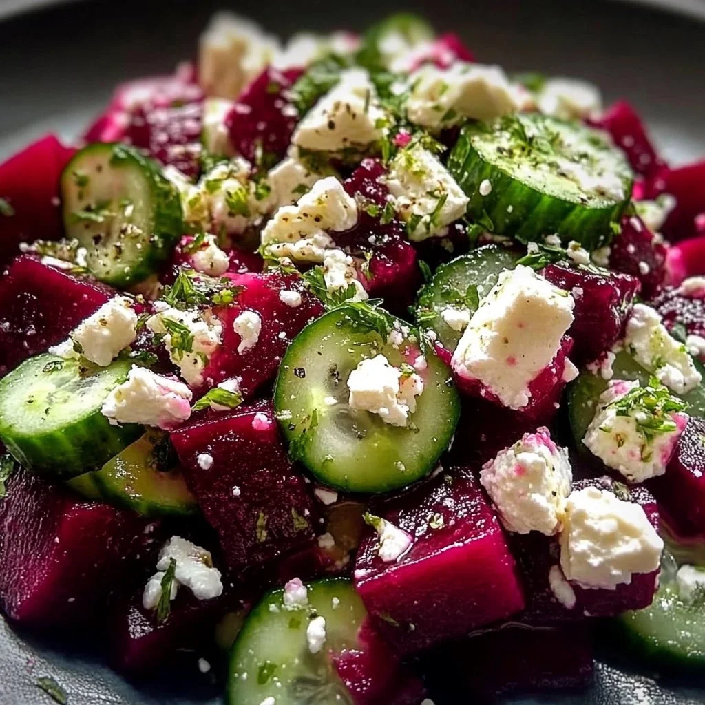 Delicious Beet Feta Cucumber Salad topped with fresh herbs and feta cheese
