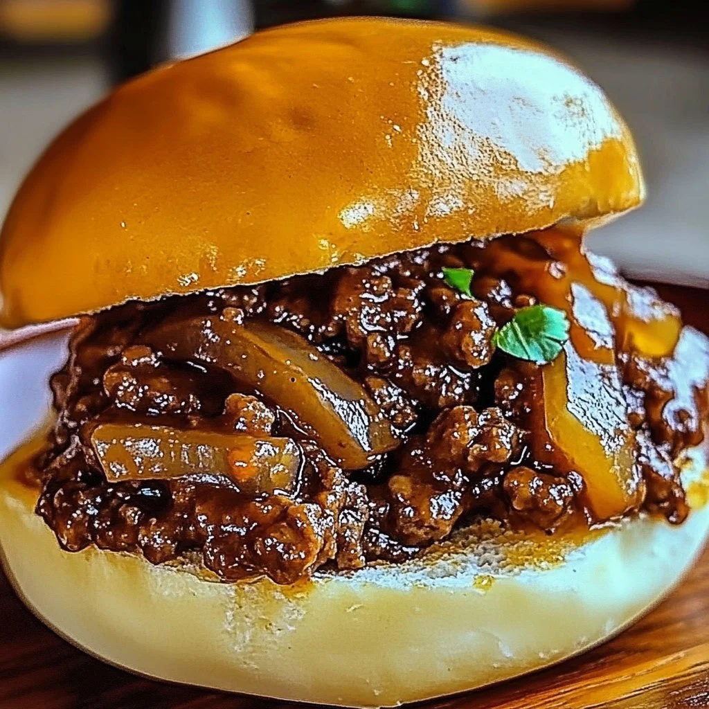 Delicious French Onion Beef Sloppy Joes served on a plate with melted cheese