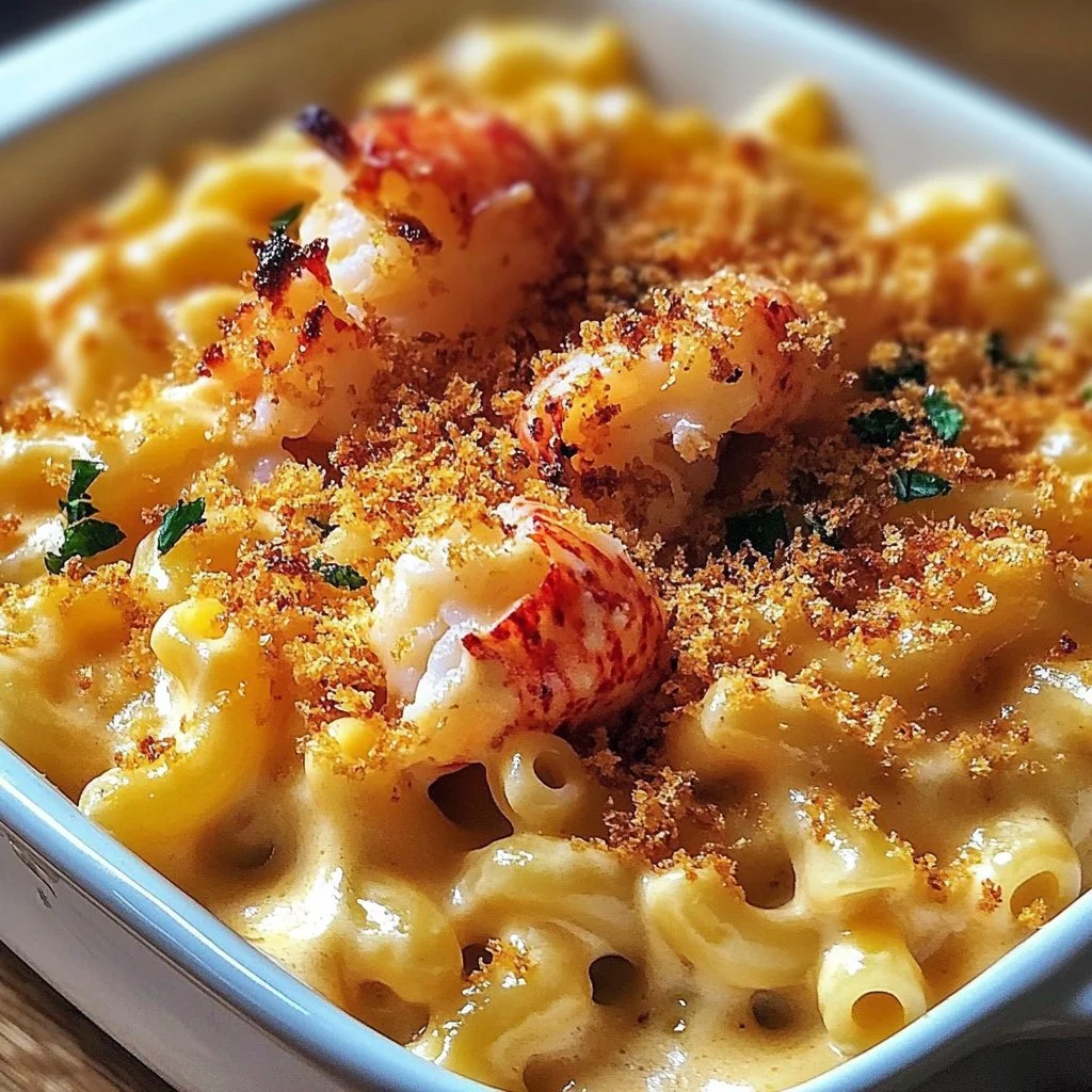 Delicious lobster mac and cheese topped with crispy breadcrumbs and herbs