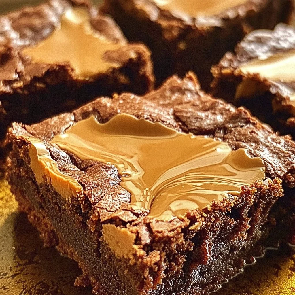 Delicious Biscoff brownies topped with a drizzle of caramel and Biscoff spread