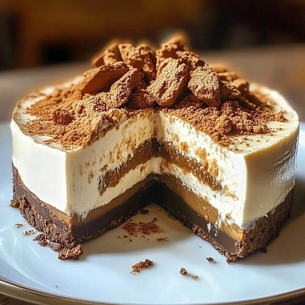 Delicious Biscoff cheesecake layered with cookie flavor and creamy filling.
