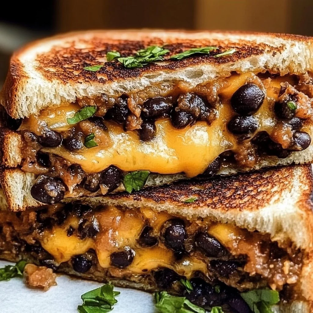Delicious Black Bean Grilled Cheese sandwich with melted cheese and black beans