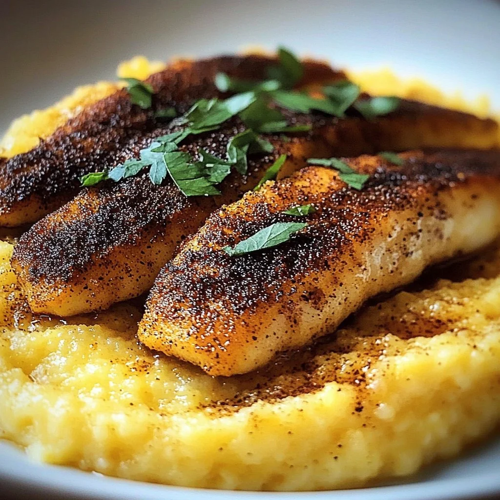 Delicious plate of Blackened Catfish served with creamy grits.