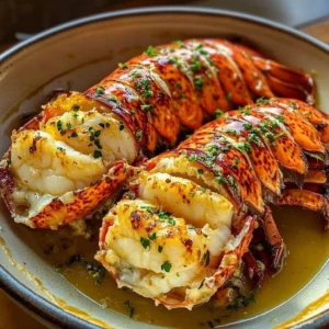 Butter poached lobster tails in melted butter sauce garnished with herbs.
