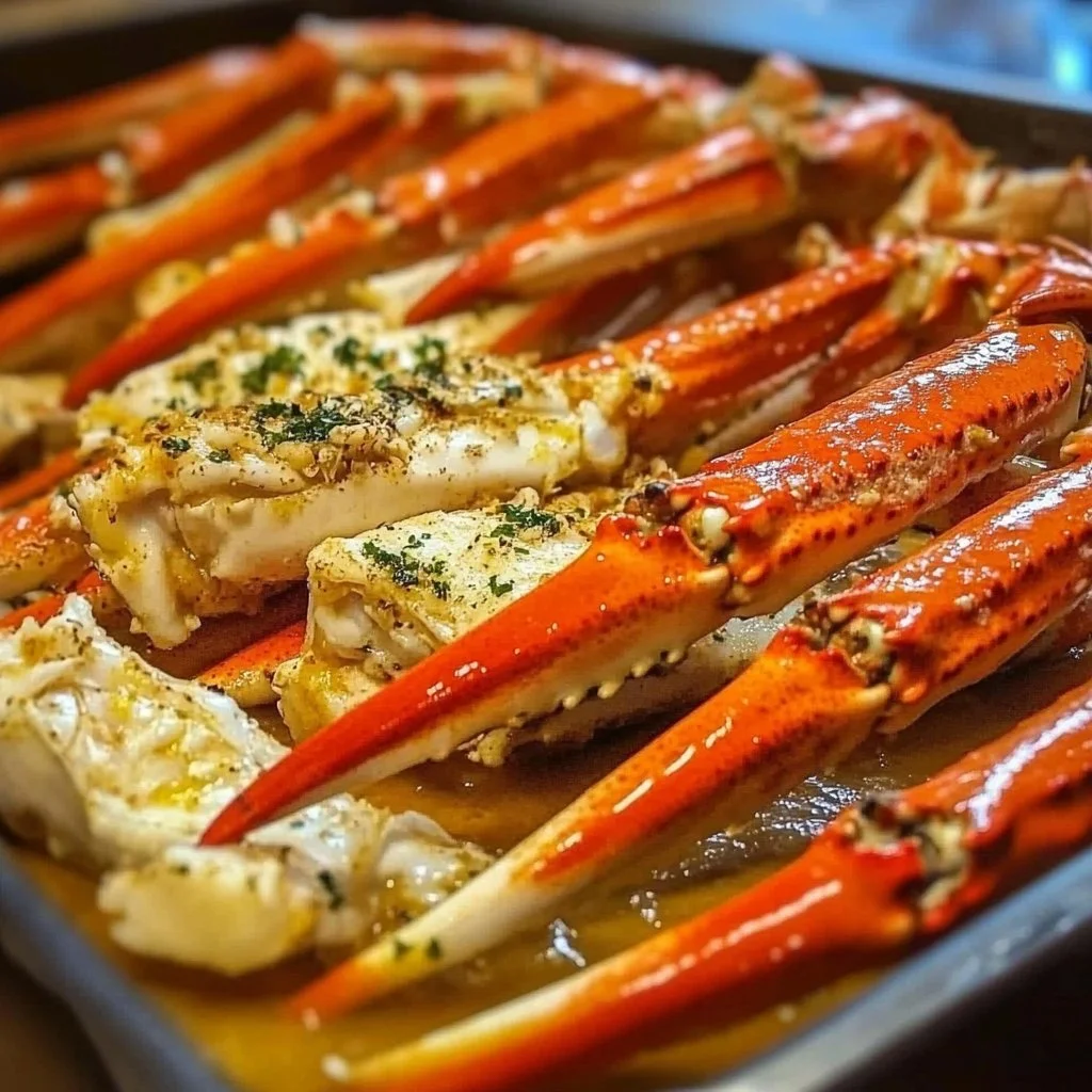 Delicious buttery crab legs served on a plate with lemon and herbs