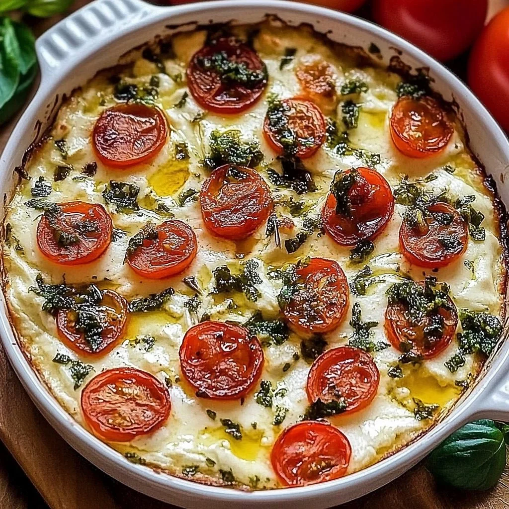 Delicious Caprese Dip with tomatoes, mozzarella, and basil served in a bowl