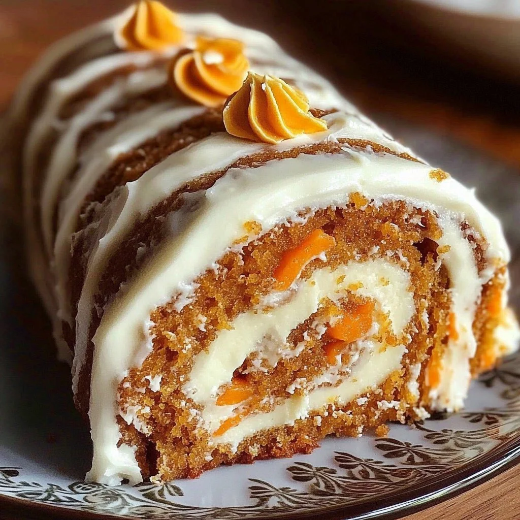 Delicious carrot cake roll with velvety cream cheese frosting on a plate