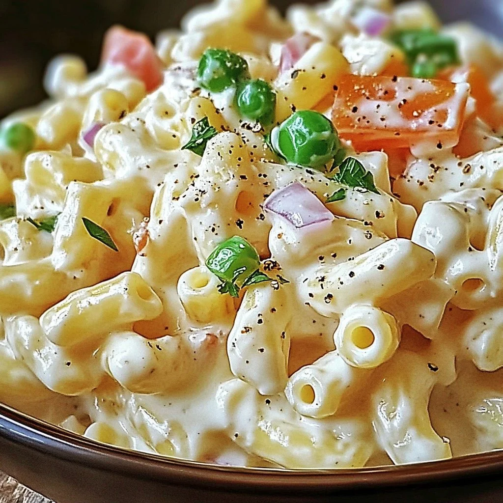 Cheddar Sour Cream Macaroni Salad in a bowl garnished with herbs