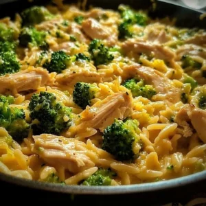 A delicious plate of Cheesy Chicken Broccoli Orzo ready to serve.