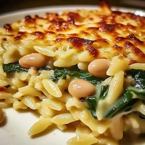 Cheesy spinach orzo dish with white beans served in a bowl