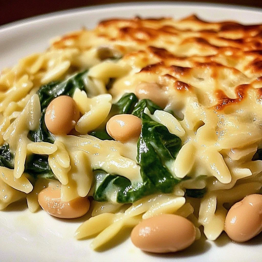 Cheesy Spinach Orzo with White Beans