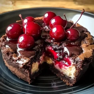 Delicious cherry cheesecake brownies topped with creamy cheese and cherries