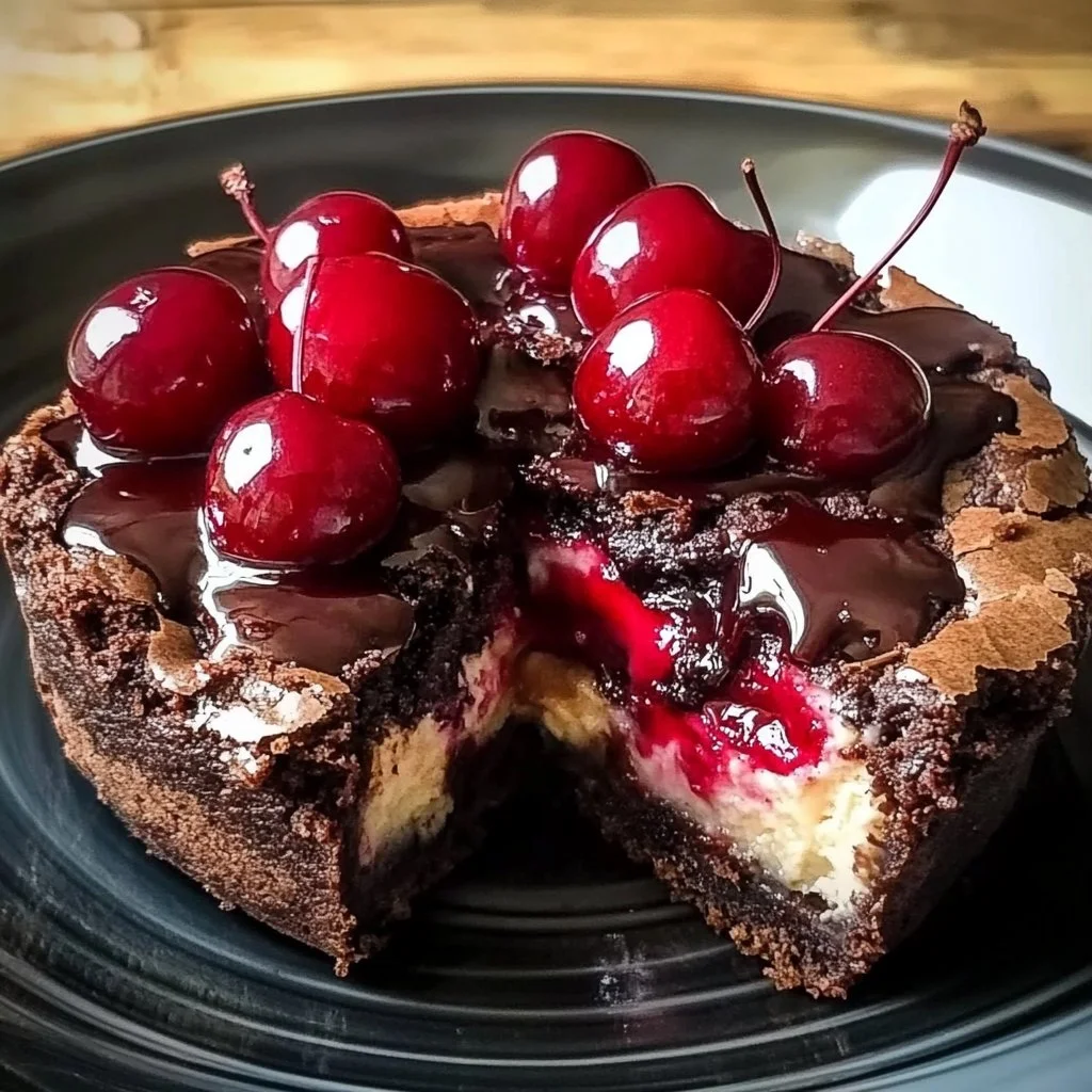 Delicious cherry cheesecake brownies topped with creamy cheese and cherries