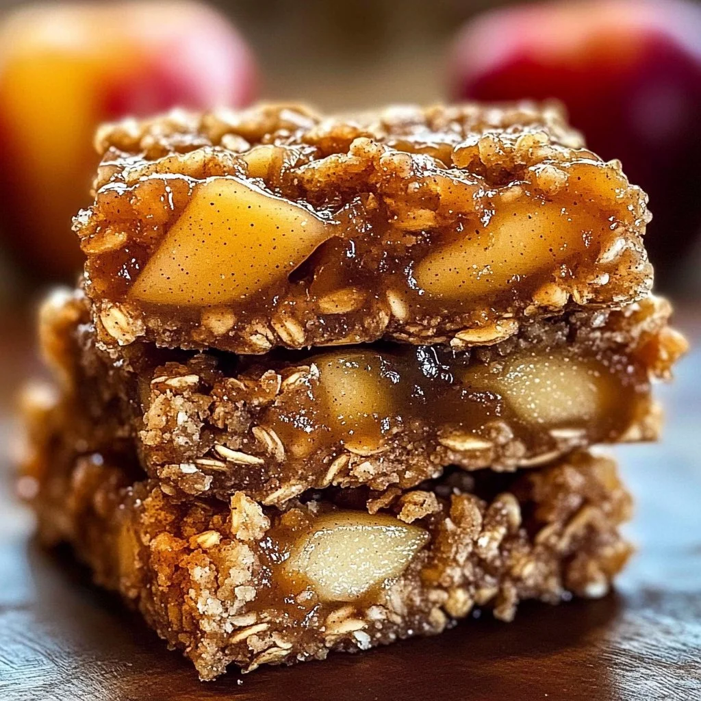 Chewy apple cinnamon breakfast bars stacked on a wooden table