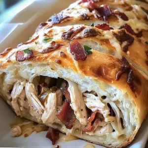 Delicious Chicken Bacon Ranch Stromboli with cheese and toppings