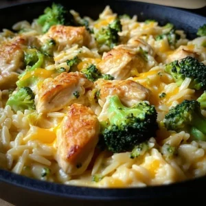 Delicious Chicken Broccoli Cheddar Orzo in a bowl, garnished with fresh herbs