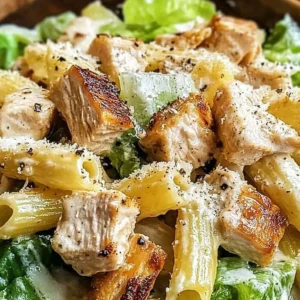 Bowl of Chicken Caesar Pasta Salad with crisp romaine, grilled chicken, and Caesar dressing.