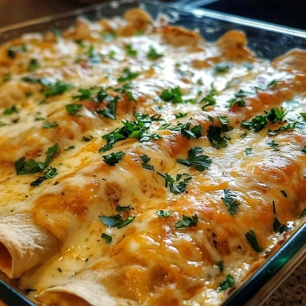 Delicious chicken enchiladas topped with creamy white sauce served on a cozy table.