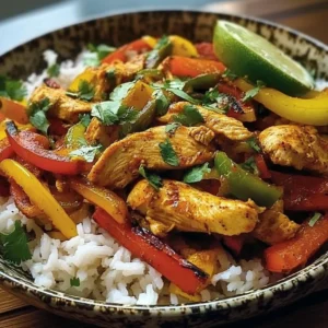 Colorful Chicken Fajita Bowl with peppers and spices