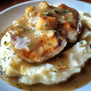Plate of chicken garlic gravy served with mashed potatoes.