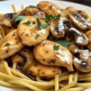 Delicious Chicken Marsala Pasta served with herbs and mushrooms