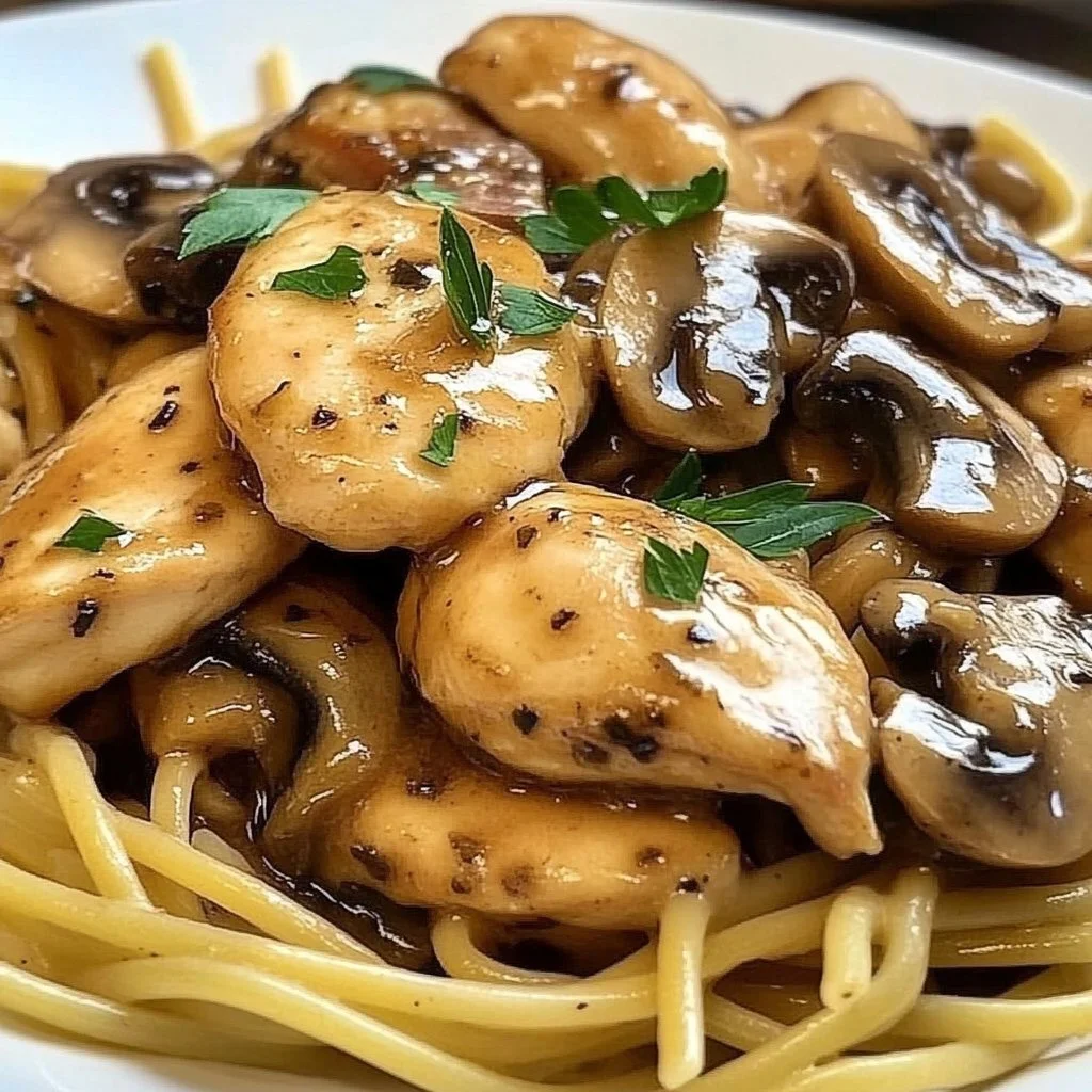 Delicious Chicken Marsala Pasta served with herbs and mushrooms