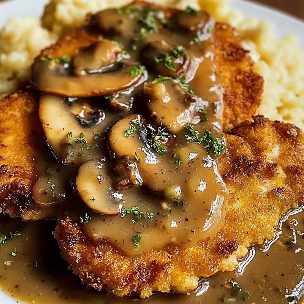 Delicious Chicken Schnitzel served with creamy Mushroom Gravy