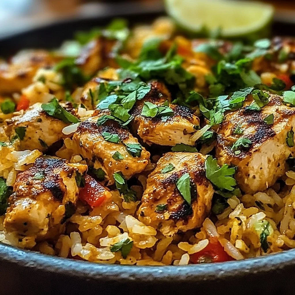 Bowl of Chicken Shawarma Rice topped with fresh herbs and vegetables