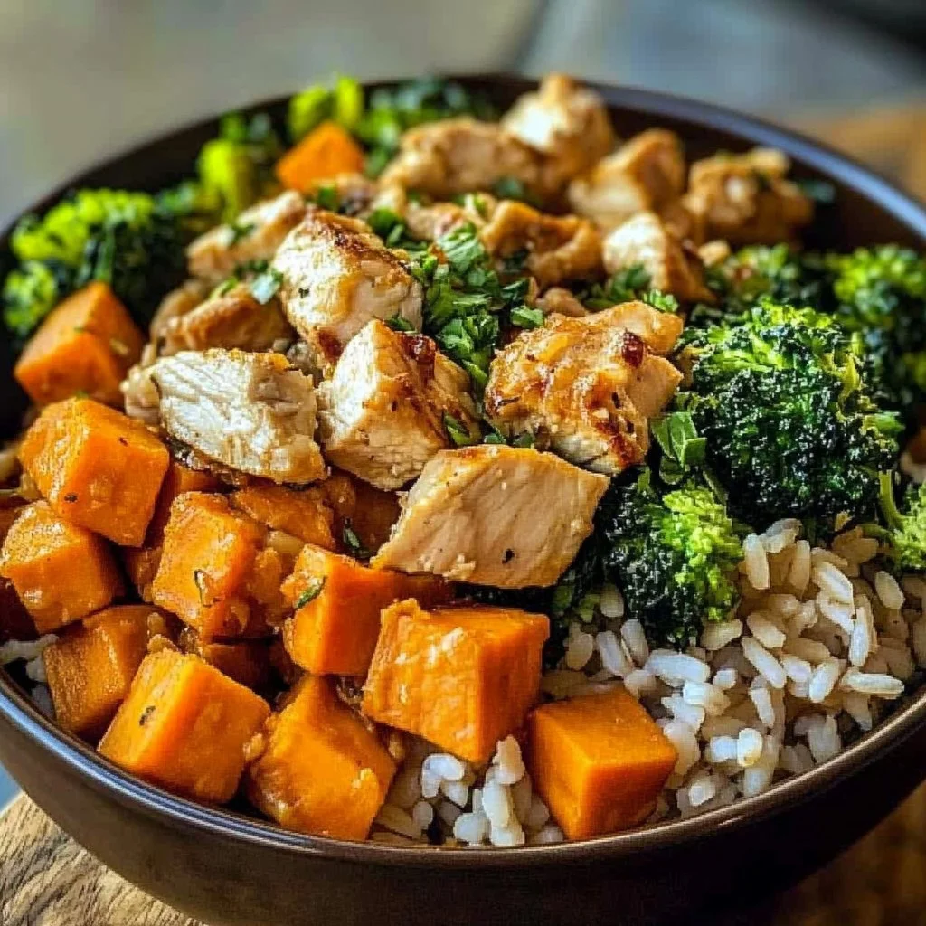 Delicious Chicken Sweet Potato Rice Bowl with colorful vegetables and herbs