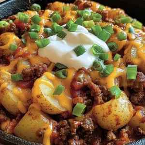 Chili Cheese Potato Skillet with melted cheese and diced potatoes