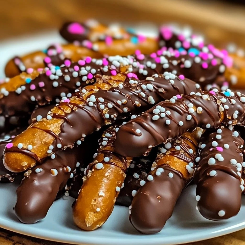A variety of chocolate-covered pretzels arranged on a plate.