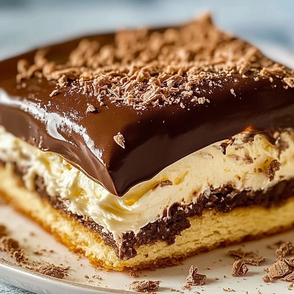 Delicious Chocolate Éclair Cake with creamy filling and chocolate glaze