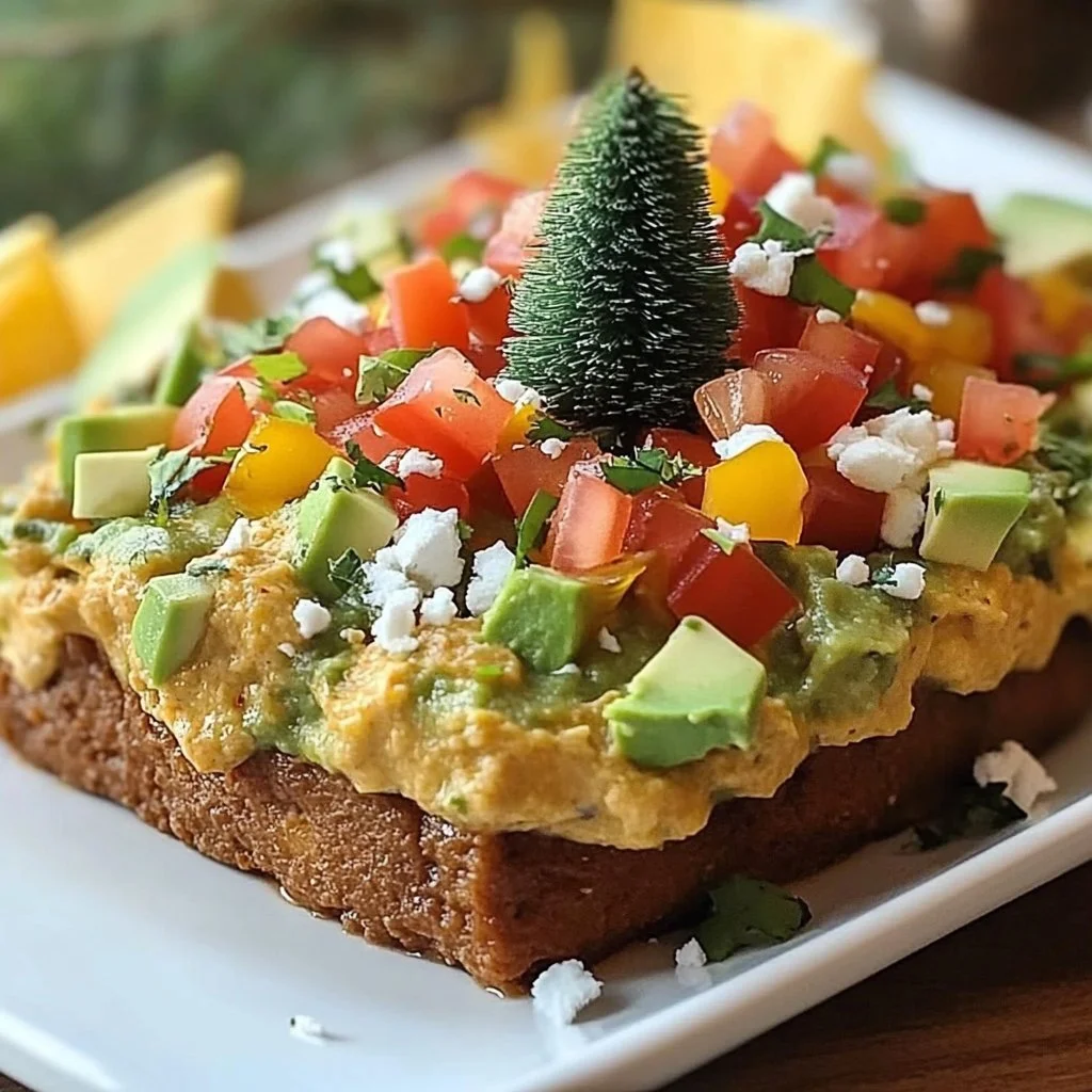 Festive Christmas Tree Taco Dip served in a holiday-themed arrangement
