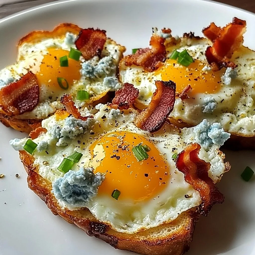 Fluffy cloud eggs topped with blue cheese and crispy bacon on a plate