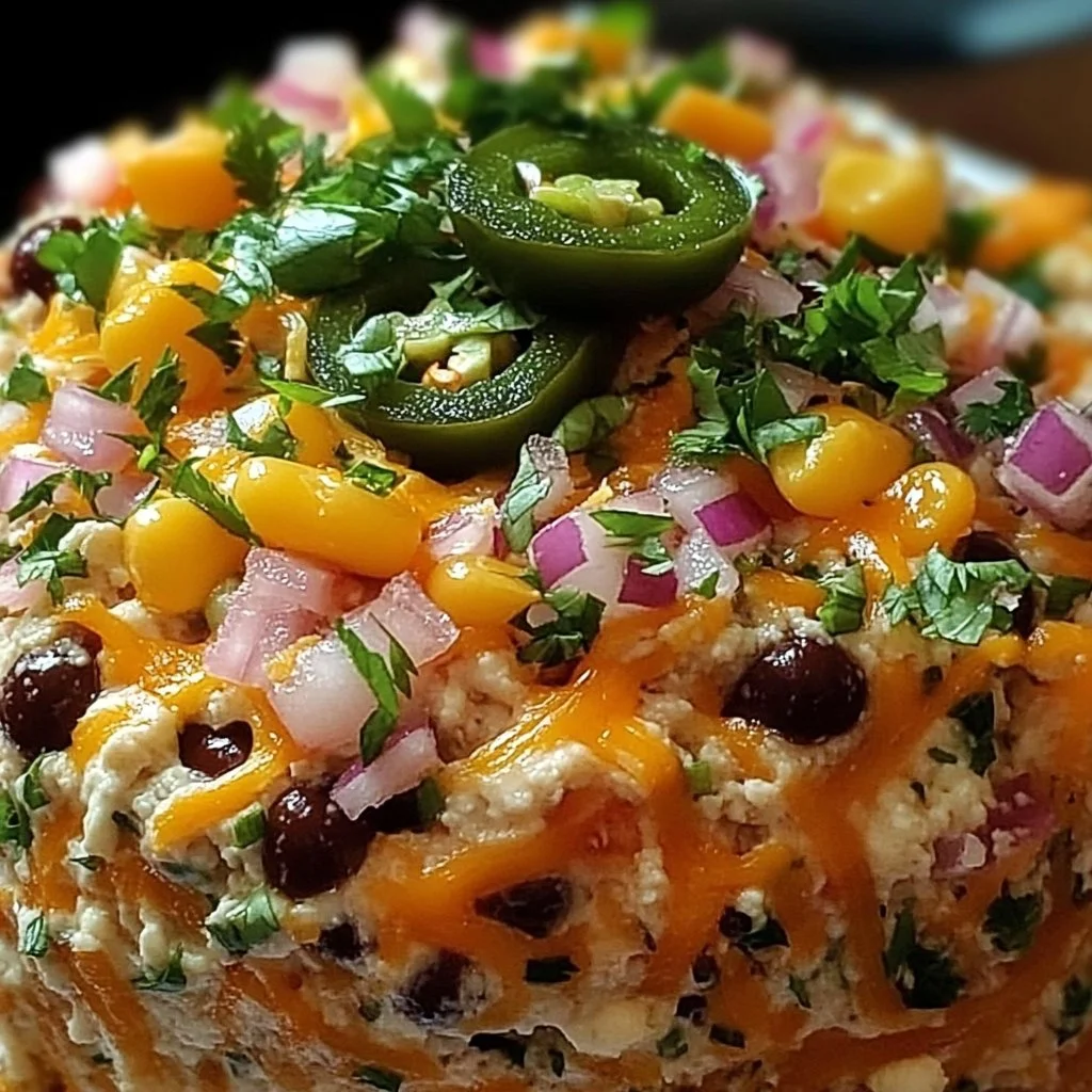 Cowboy Caviar Jalapeño Popper Cheese Ball with colorful toppings