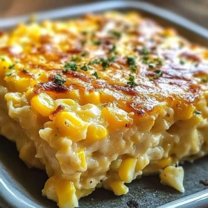 Creamy Crack Corn Casserole topped with cheese and herbs in a baking dish.