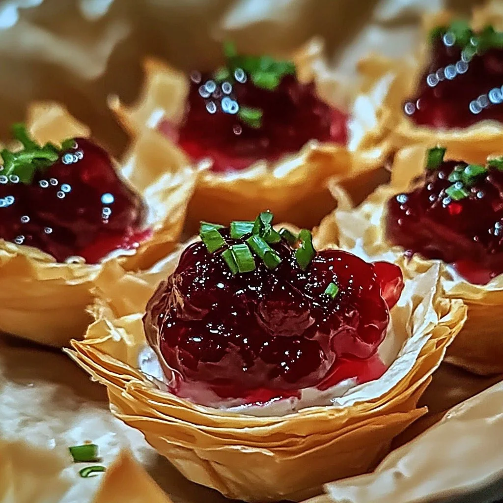 Cranberry Pepper Jelly Cream Cheese Phyllo Cups appetizer presentation.
