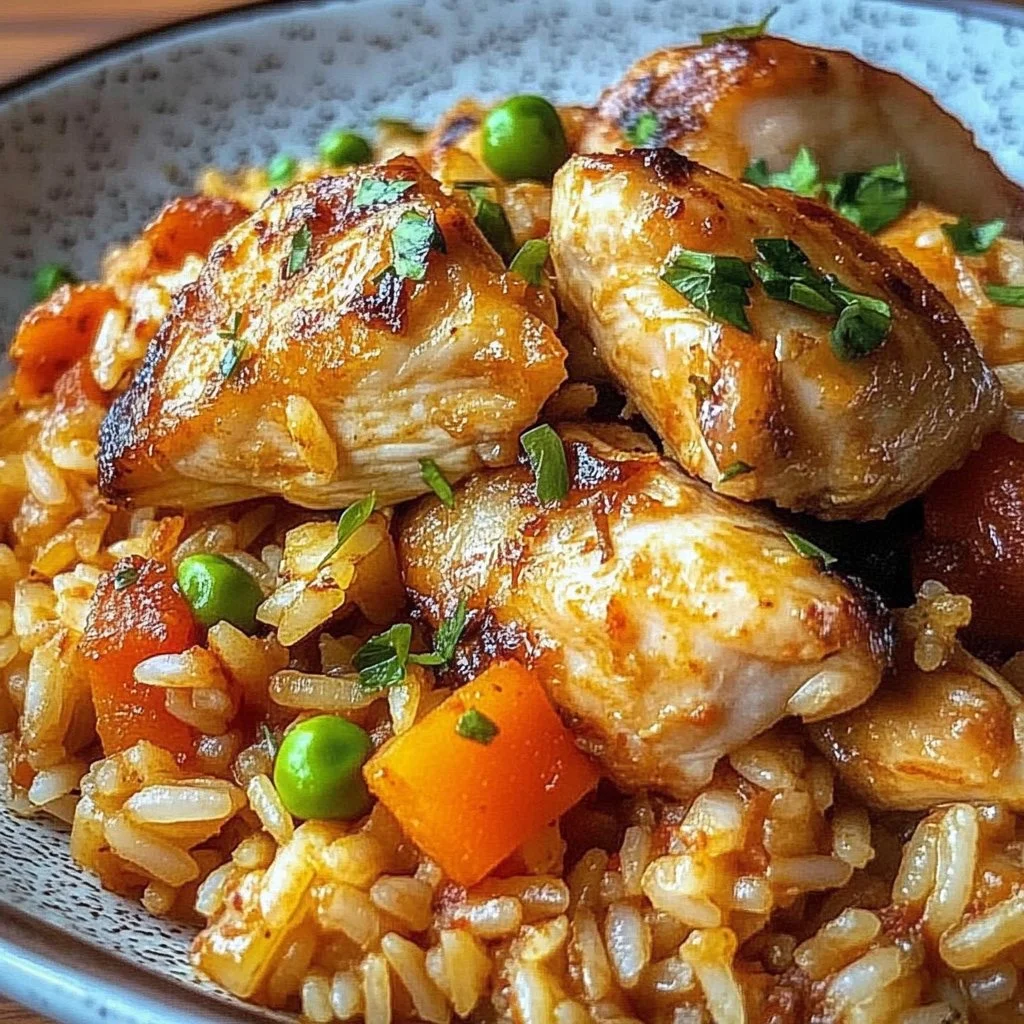 Delicious bowl of Crazy Chicken and Rice garnished with herbs and spices.