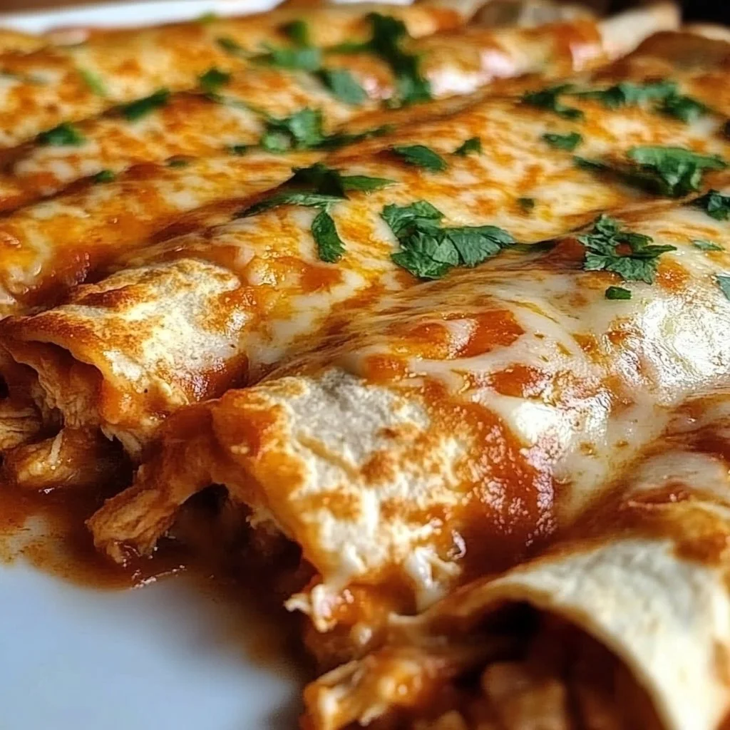 Cream Cheese Chicken Enchiladas topped with cheese and fresh herbs