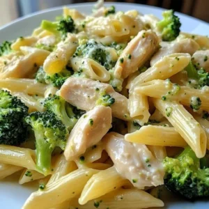 Creamy broccoli chicken penne served in a bowl, garnished with parmesan cheese.