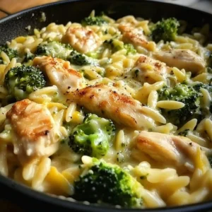 Creamy Chicken Broccoli Cheddar Orzo in a bowl, garnished with parsley.