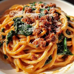 Creamy chorizo spinach pasta served in a bowl with fresh spinach leaves