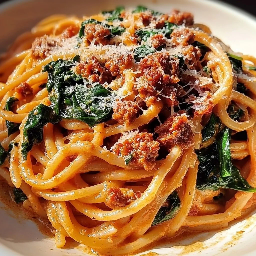 Creamy chorizo spinach pasta served in a bowl with fresh spinach leaves
