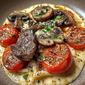 Creamy tomato mushroom ravioli served with seared steak on a plate.
