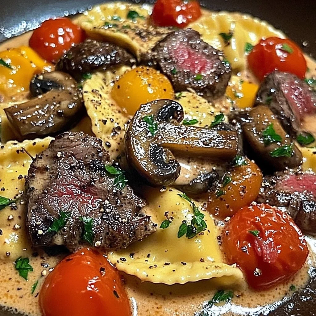 Creamy Tomato Mushroom Ravioli with Seared Steak