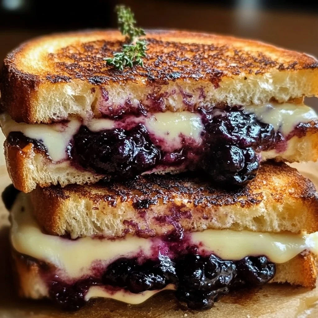 Crispy blueberry grilled cheese sandwich on a plate