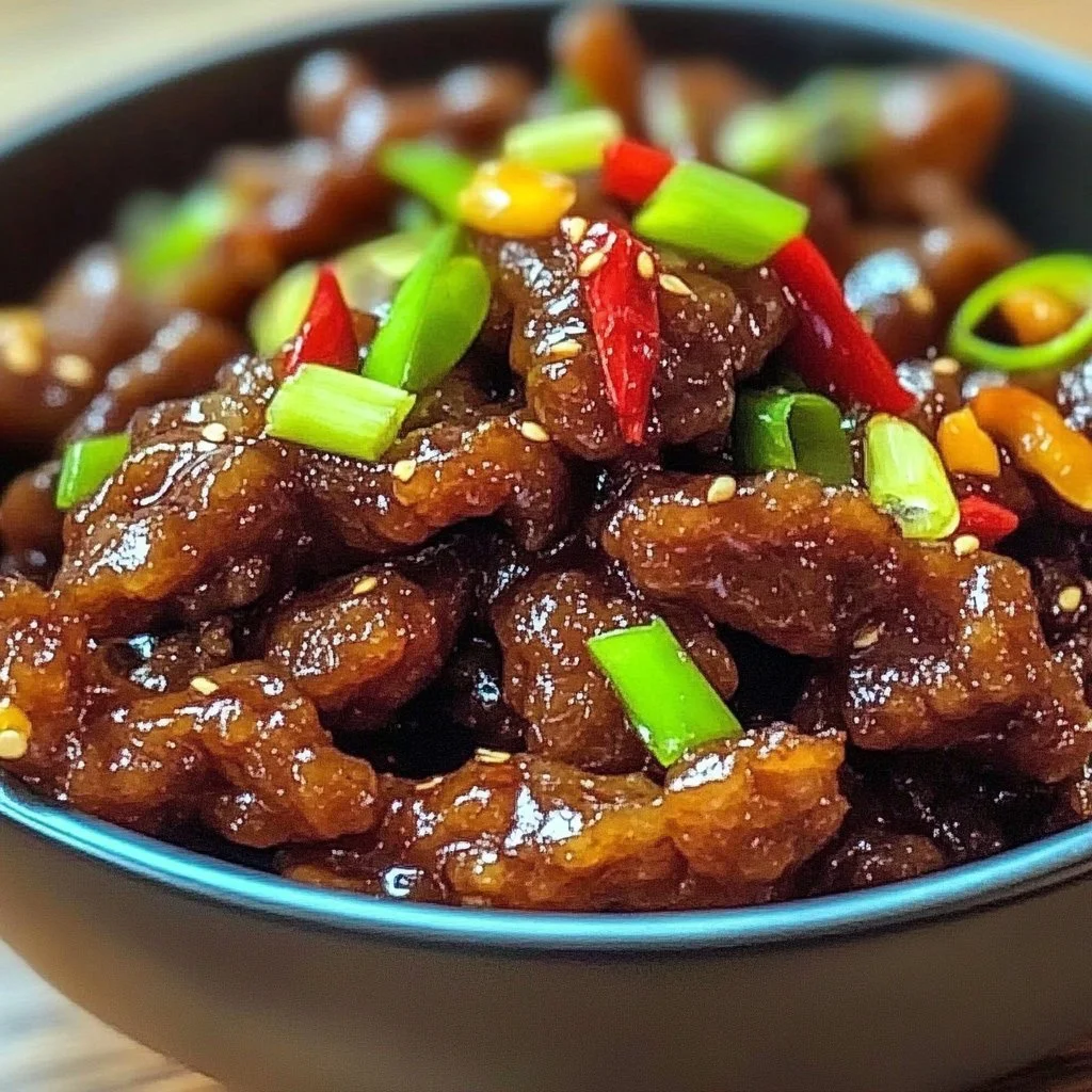 A plate of crispy chilli beef garnished with green onions and red chillies.